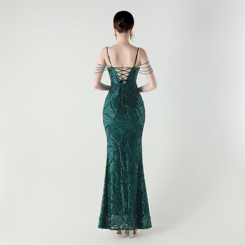 Graceful Sequin Embellished Mesh Mermaid Maxi Dress